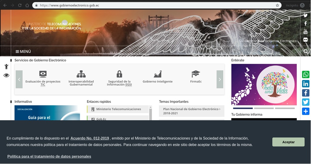 Página con barra web Protección de datos personales