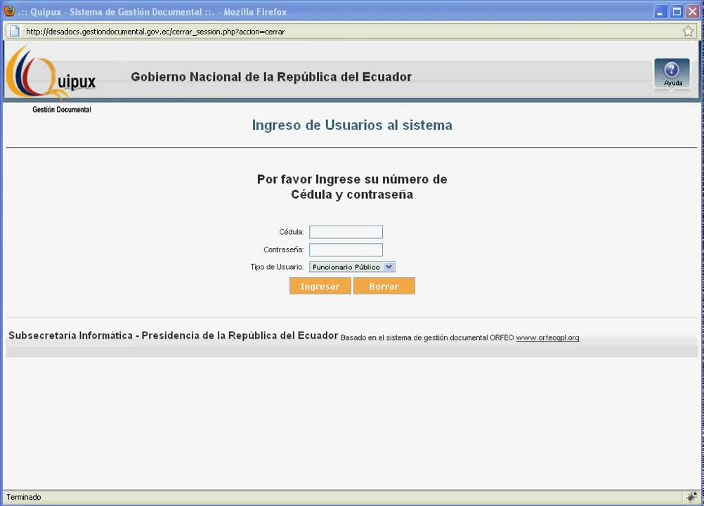 Pantalla para iniciar sesión en Quipux